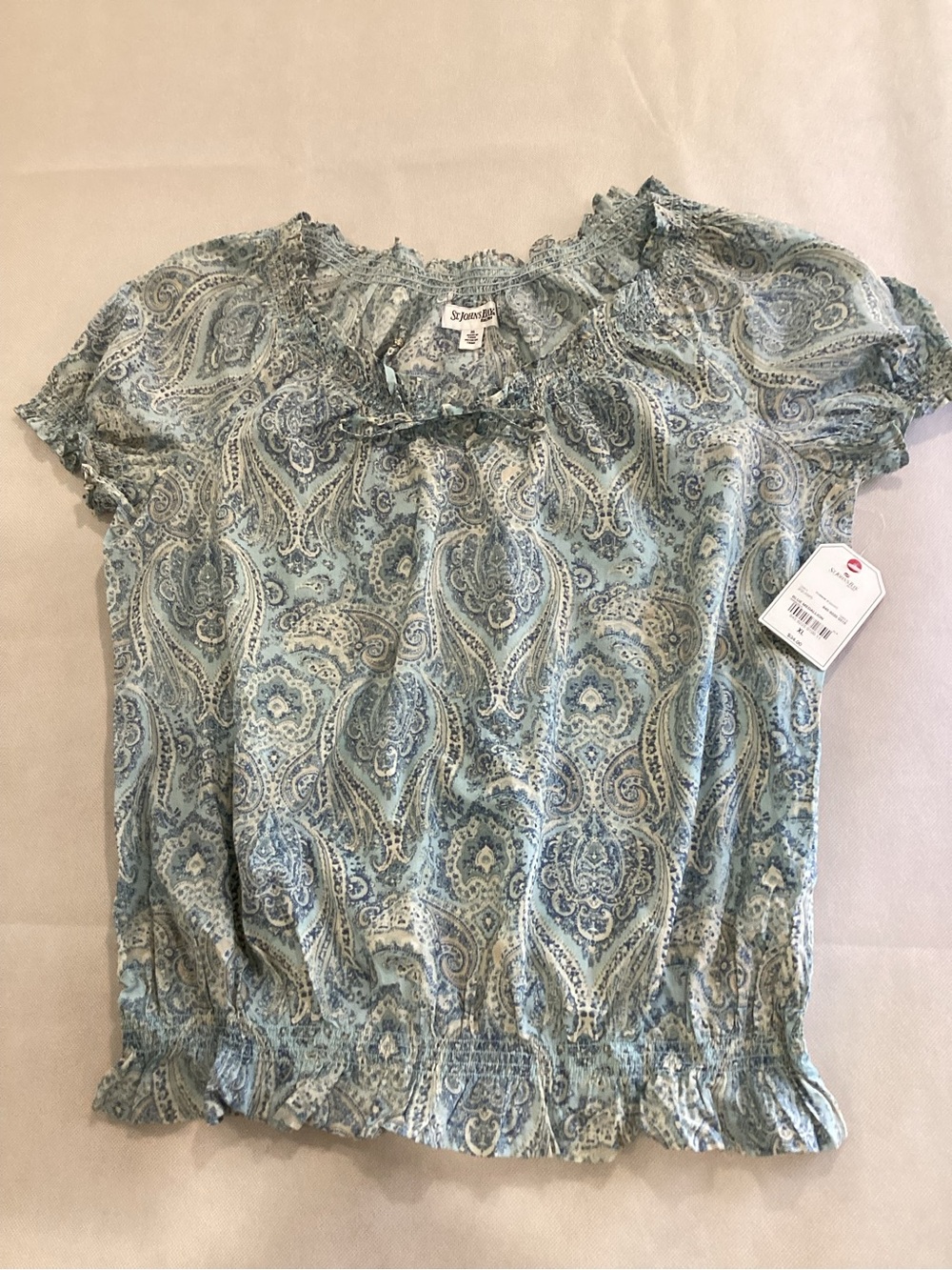 St. John's Bay Light Blue Paisley Ruffle Short Sleeve Blouse size XL 9/20